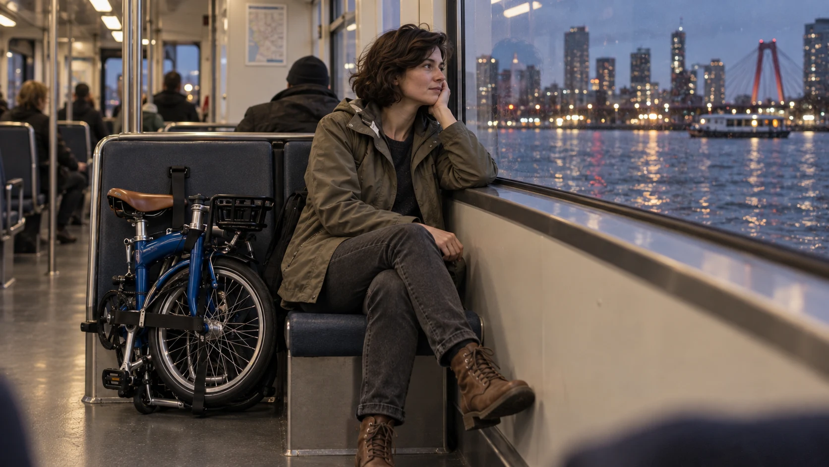 The same cyclist sits beside the folded blue bicycle inside a commuter ferry at dusk