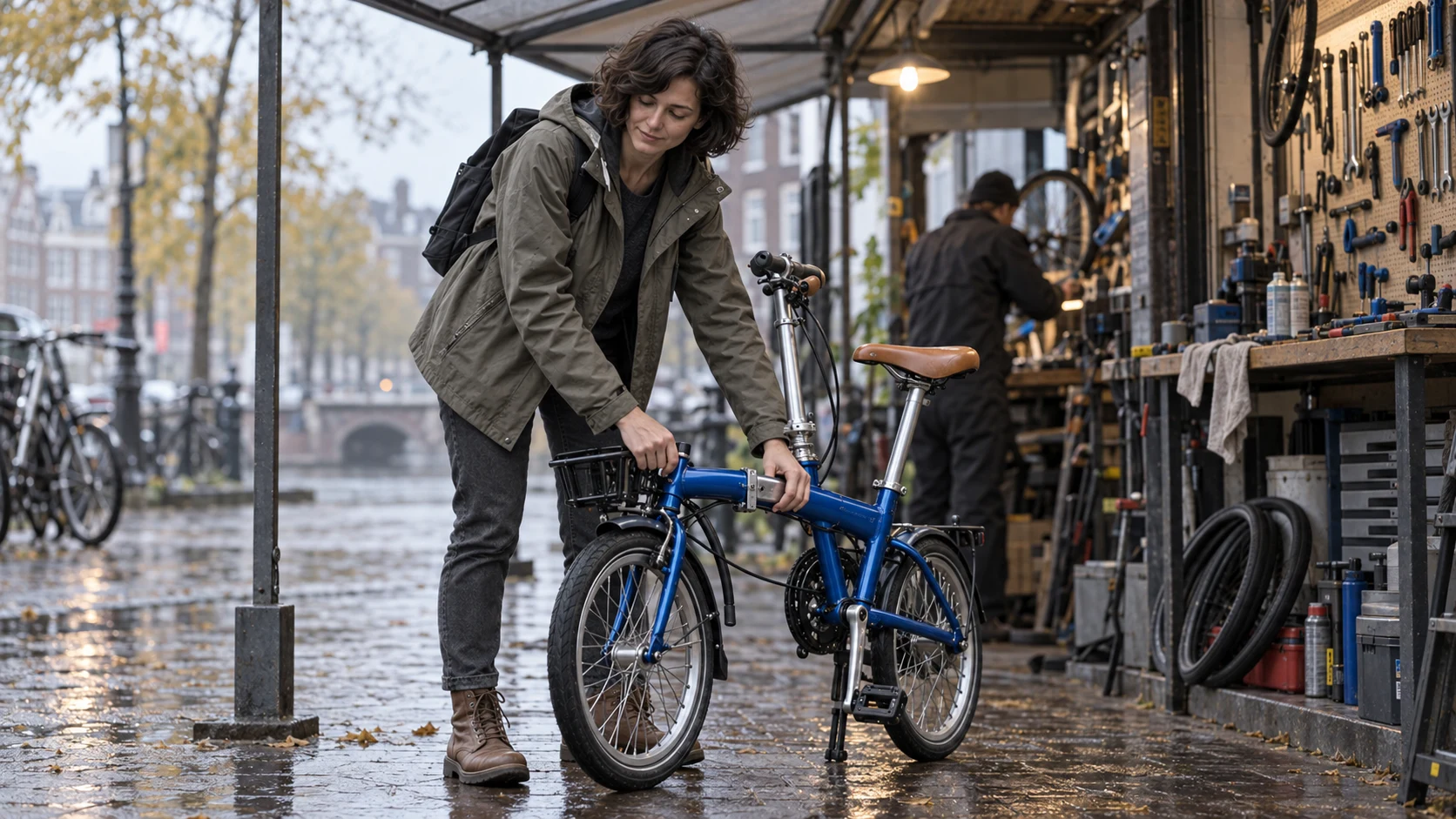 The same cyclist folds the blue bicycle at its central hinge under a repair awning
