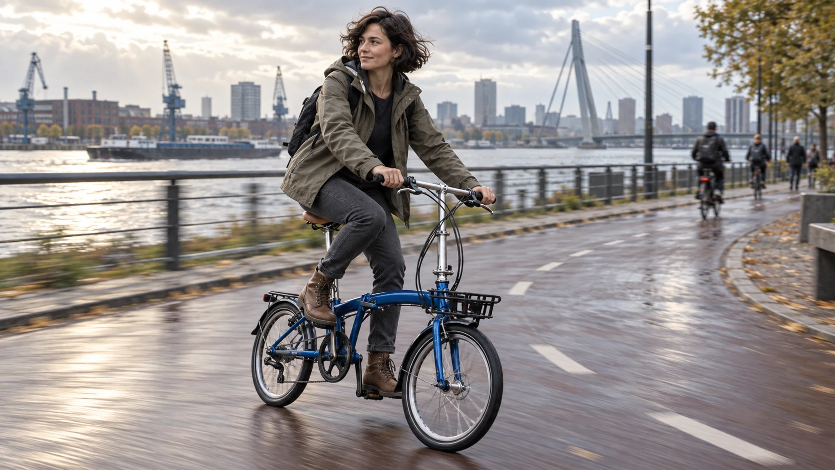 The same cyclist rides the cobalt-blue bicycle on a wet riverfront path