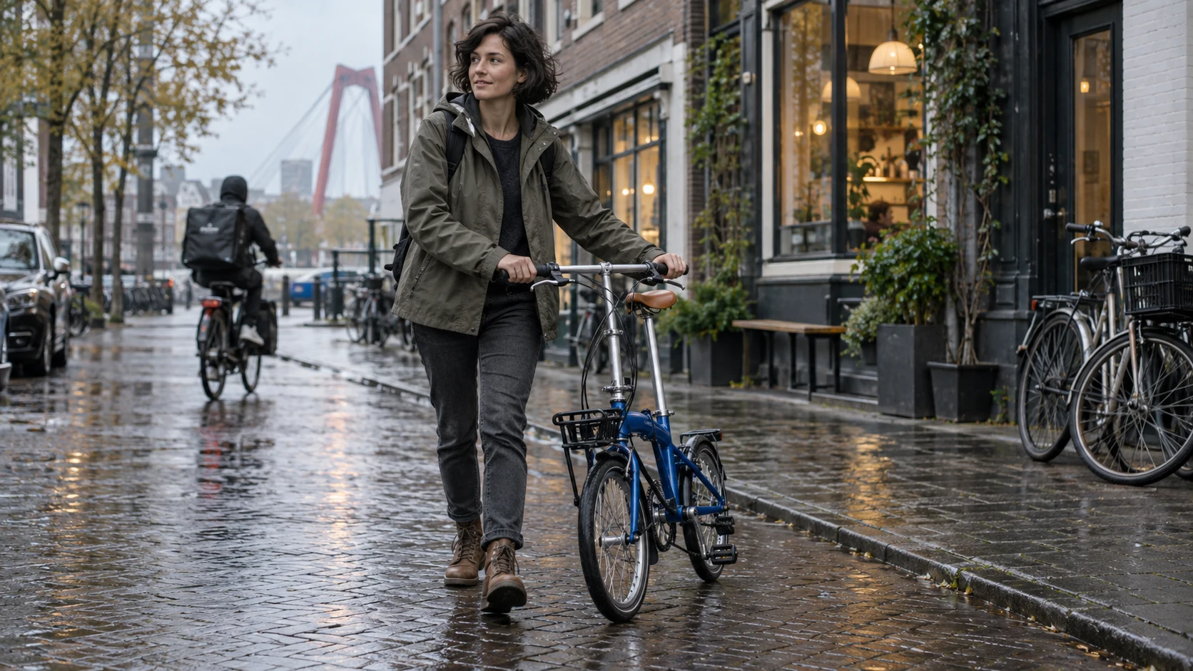 A cyclist walks a cobalt-blue folding bicycle along a wet neighborhood street