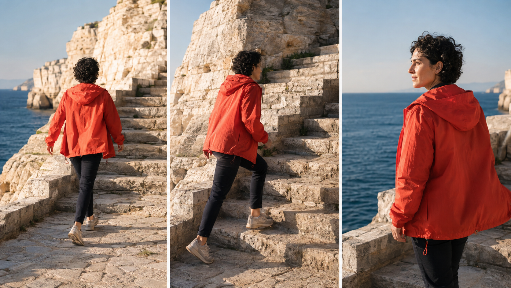 Three finished frames of the same woman walking, stepping up, and turning on coastal stone steps