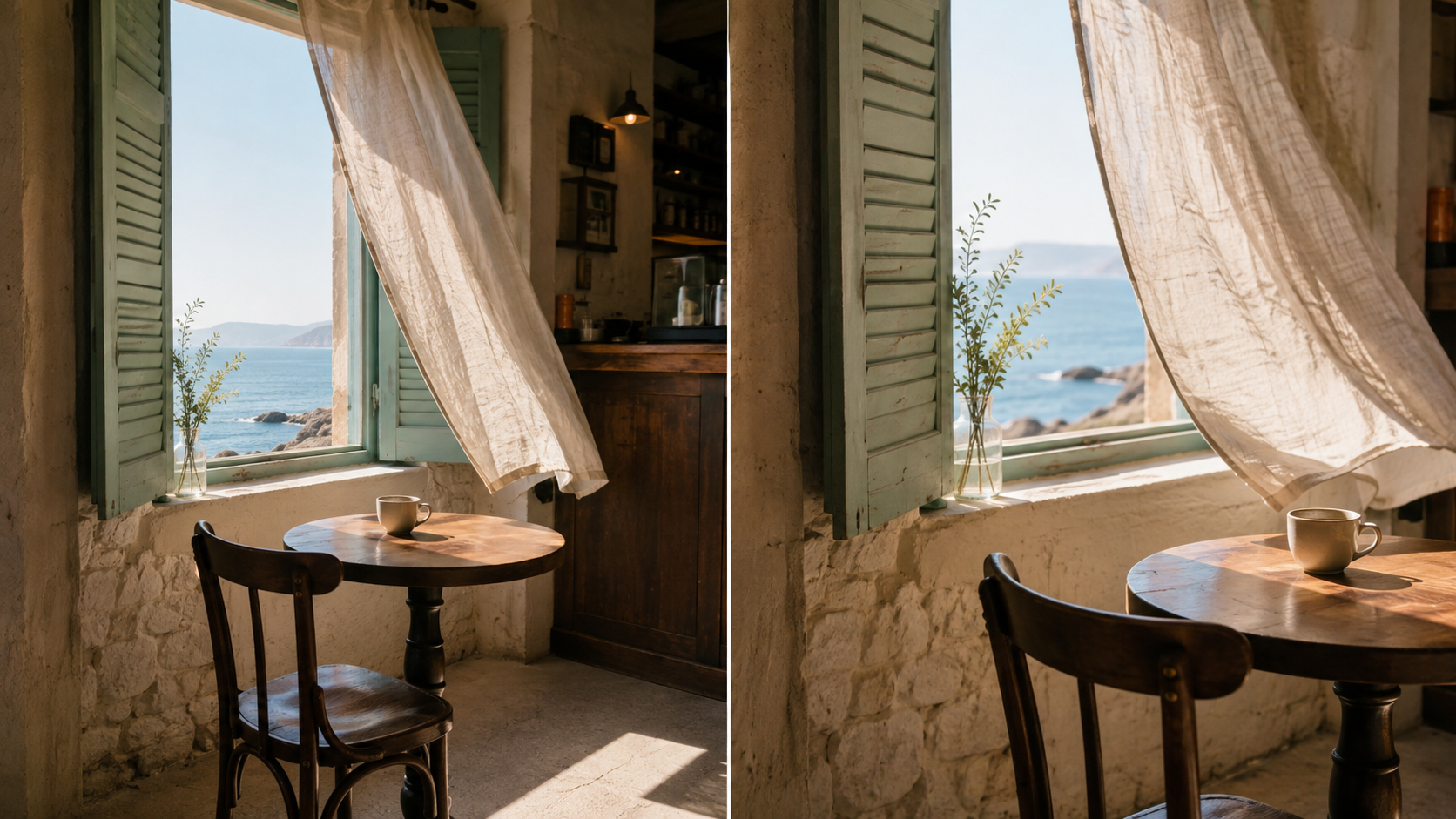Wide and close views of the same coastal cafe with matching window, table, chair, and cup