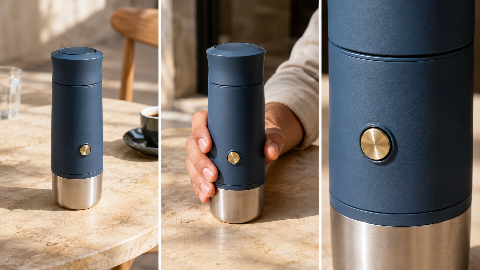 Three views of one blue portable espresso maker with matching button, material, and shape
