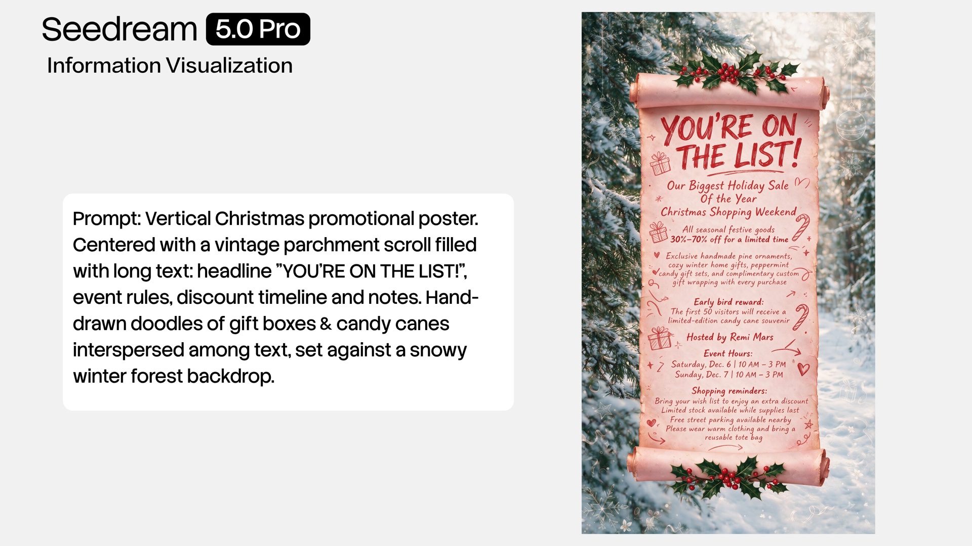 A Seedream 5.0 information-visualization example combining a detailed prompt with a generated Christmas sale poster and multiple text elements