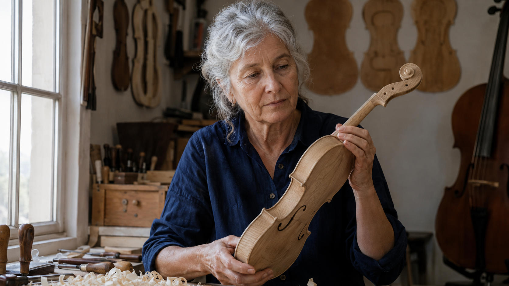 Um luthier com cabelo, pele e textura de madeira visíveis para inspecionar detalhes restaurados