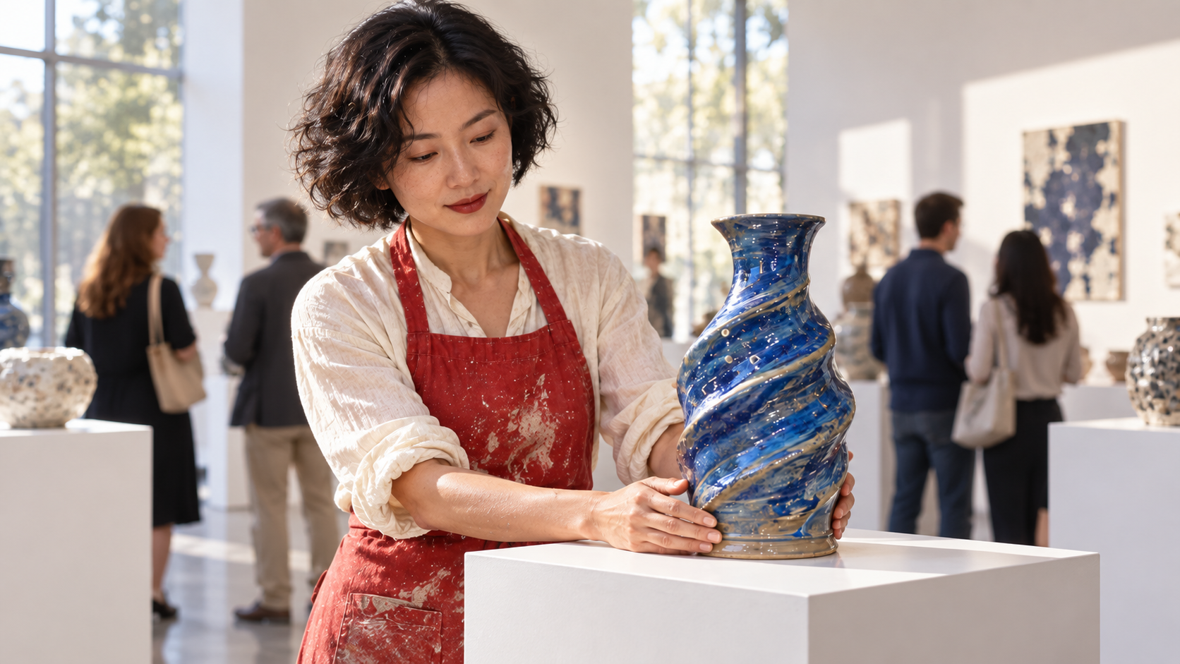 明るいギャラリーで、陶芸家が完成したコバルト・スパイラル花瓶を紹介している様子
