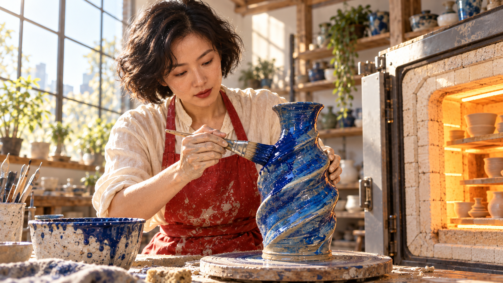 暖かい窯の横で、同じ陶芸家がコバルト・スパイラル花瓶に釉薬を施している様子