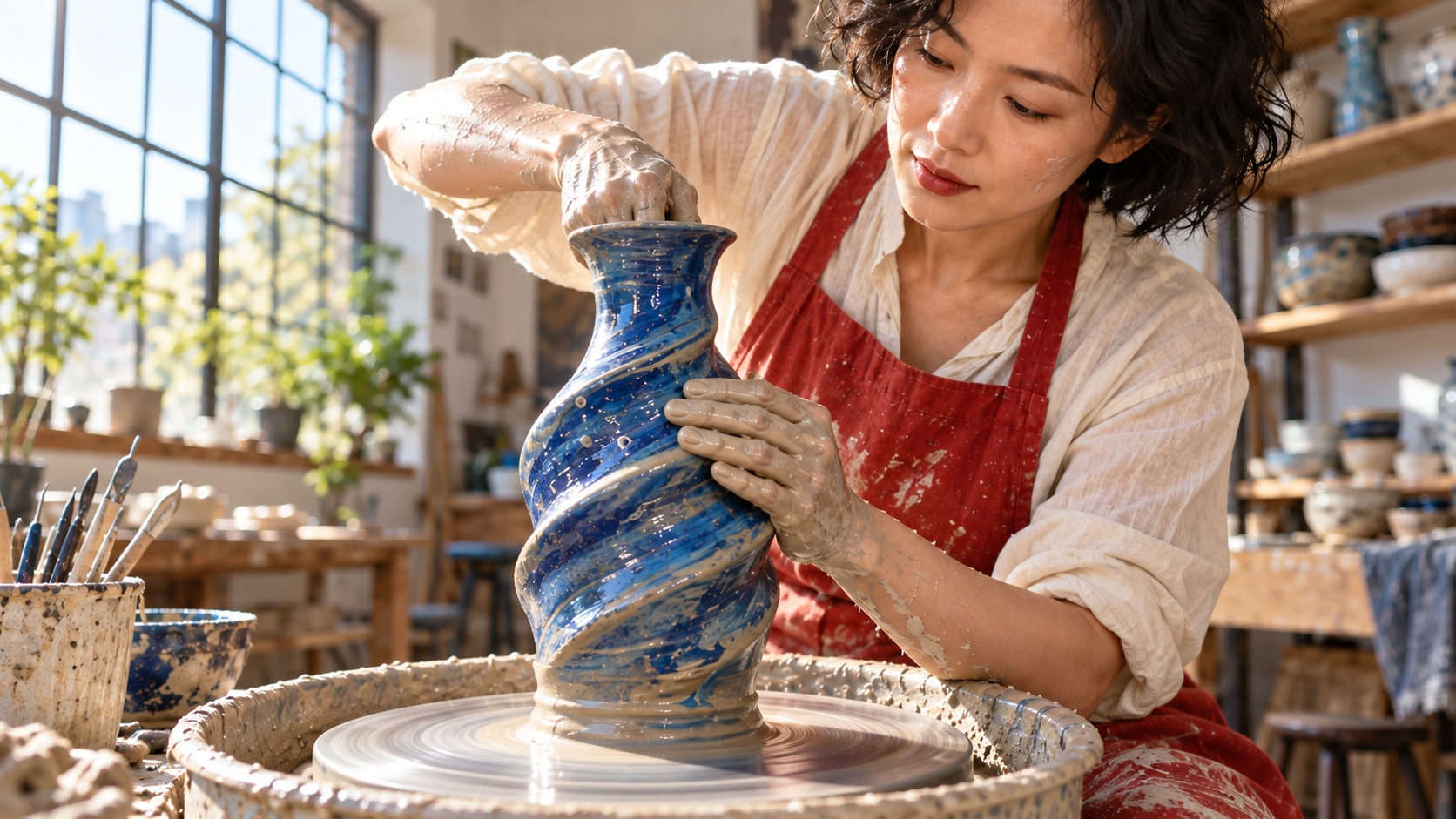 同じアーティストによるコバルト・スパイラル花瓶の成形作業の完了フレーム(クローズアップ)