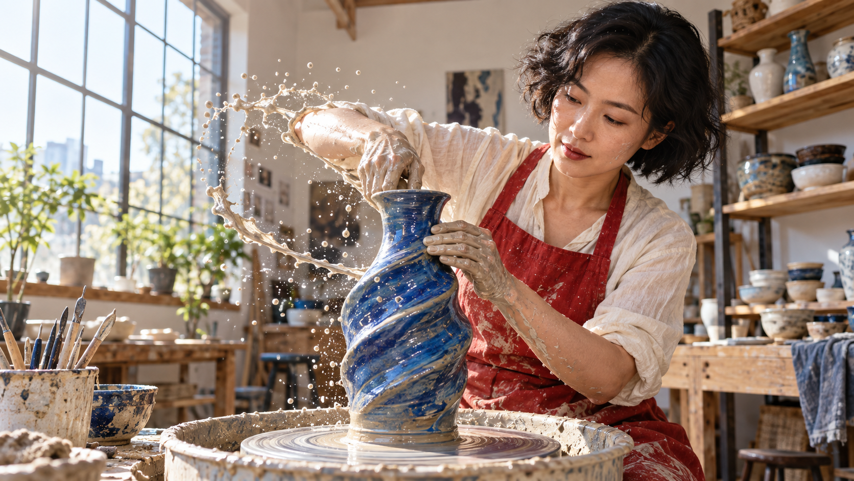 明るいスタジオでコバルトブルーの螺旋型花瓶を成形する陶芸家