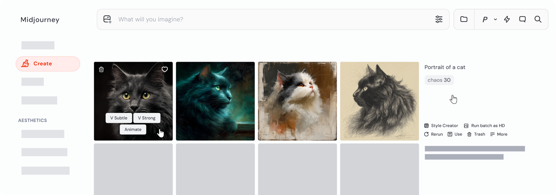 Midjourney Create page showing the web prompt bar, image grid, variations, animation, and organization controls