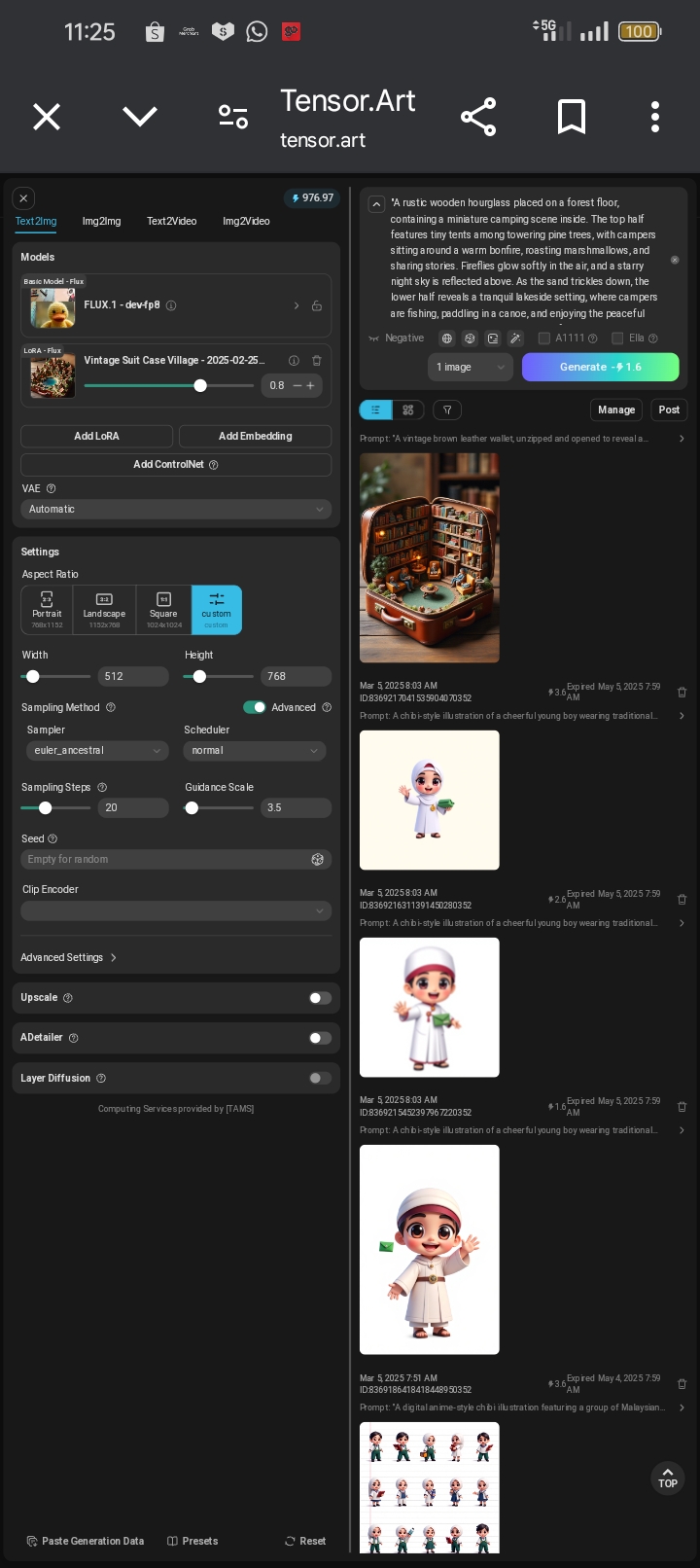 Tensor.Art generation workspace showing model, LoRA, sampler, guidance, and output controls