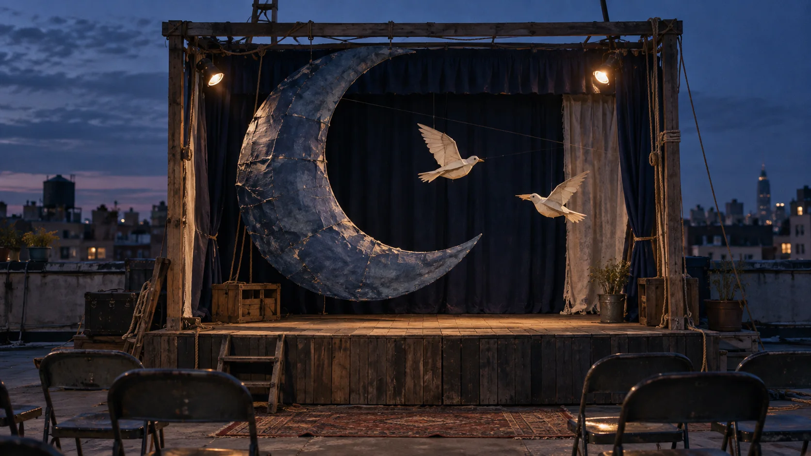 The finished handmade moon installed on a small rooftop puppet stage
