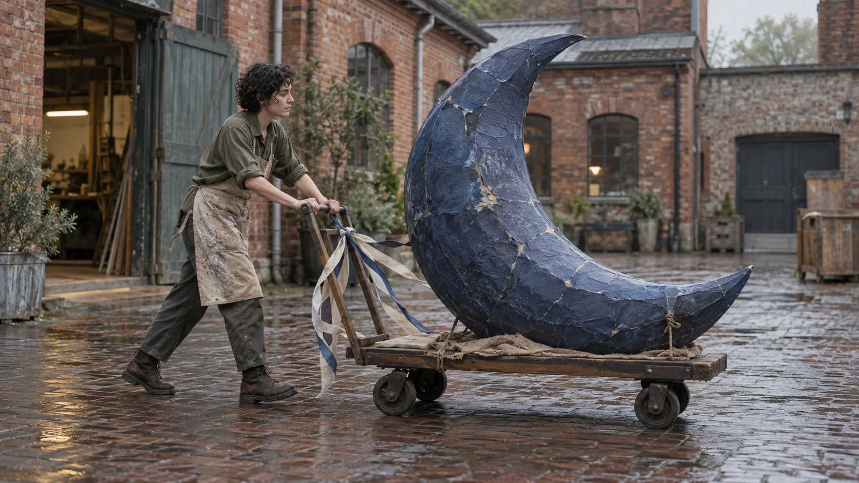 Um fabricante de adereços empurra a mesma lua de papel por um pátio úmido pela chuva