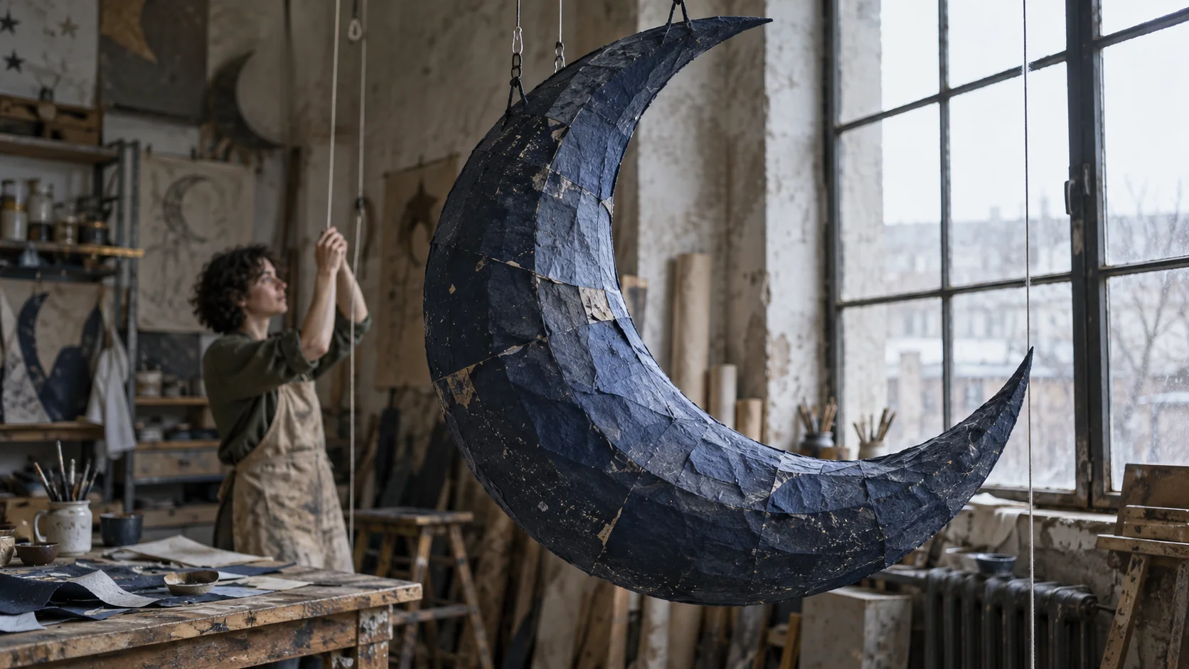 A mesma lua artesanal de papel azul suspensa ao lado de uma janela de oficina