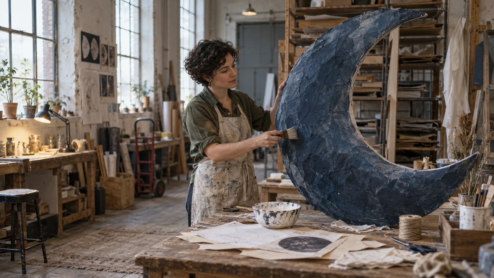 Um artesão teatral finaliza uma lua de papel azul feita à mão em uma oficina iluminada pela luz do dia