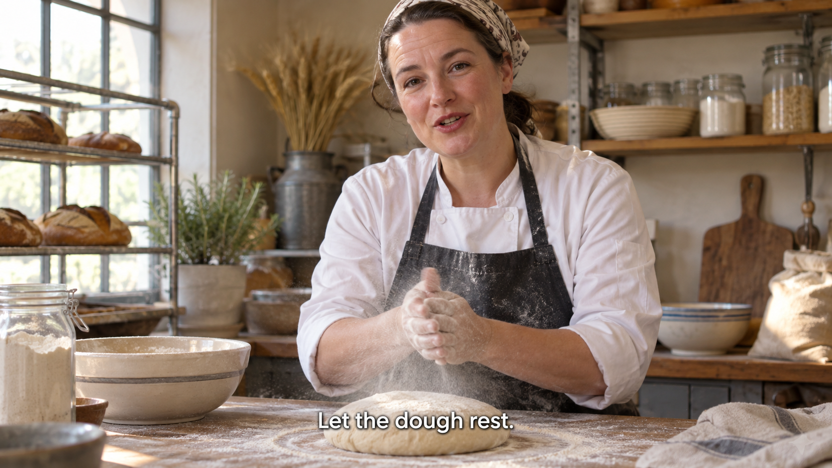 A baker speaking above a single readable lower-third caption