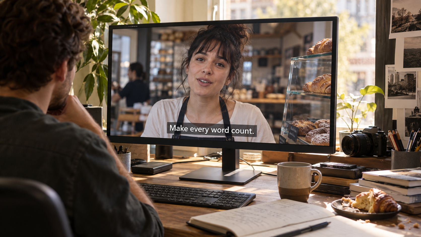 An editor reviewing a bakery speaker video with one lower-third caption