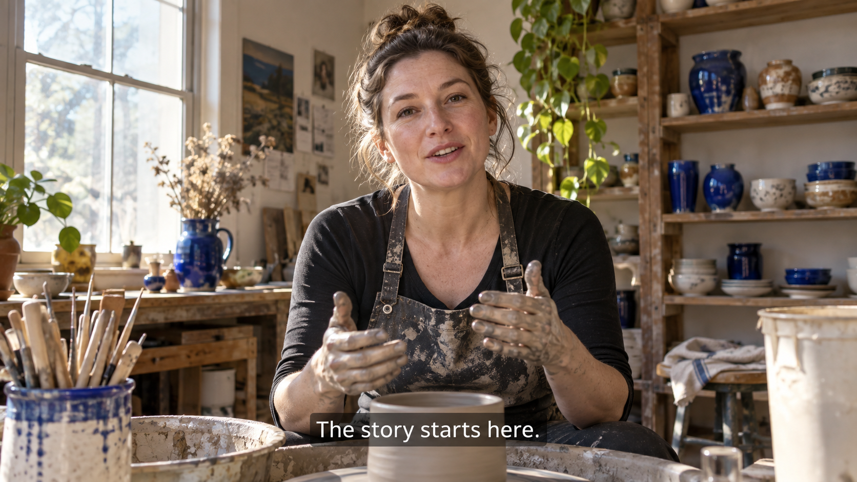 A ceramic artist speaking above a clear subtitle line