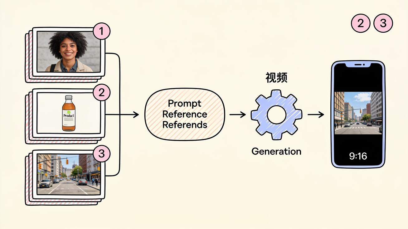 Ingredients to video workflow: three reference images into a prompt into one clip
