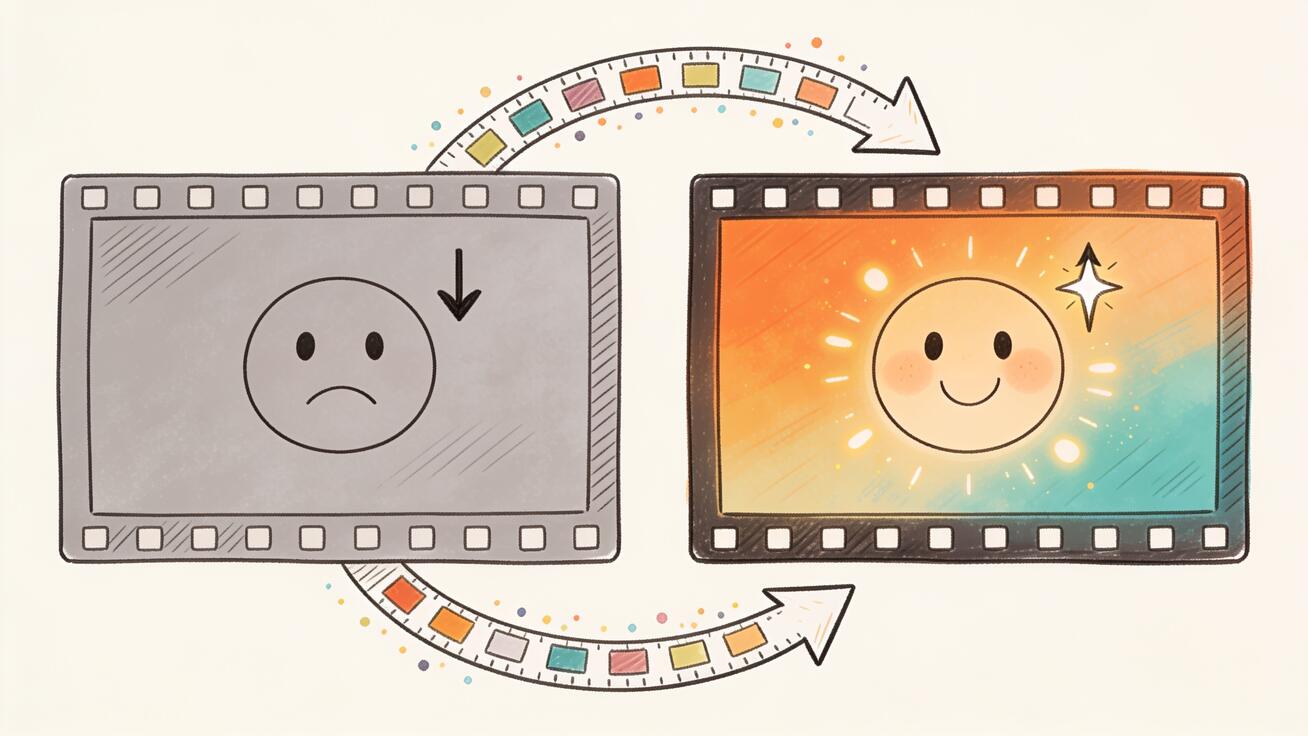 Flat ungraded Veo 3 frame transformed into a warm teal-and-orange cinematic film look
