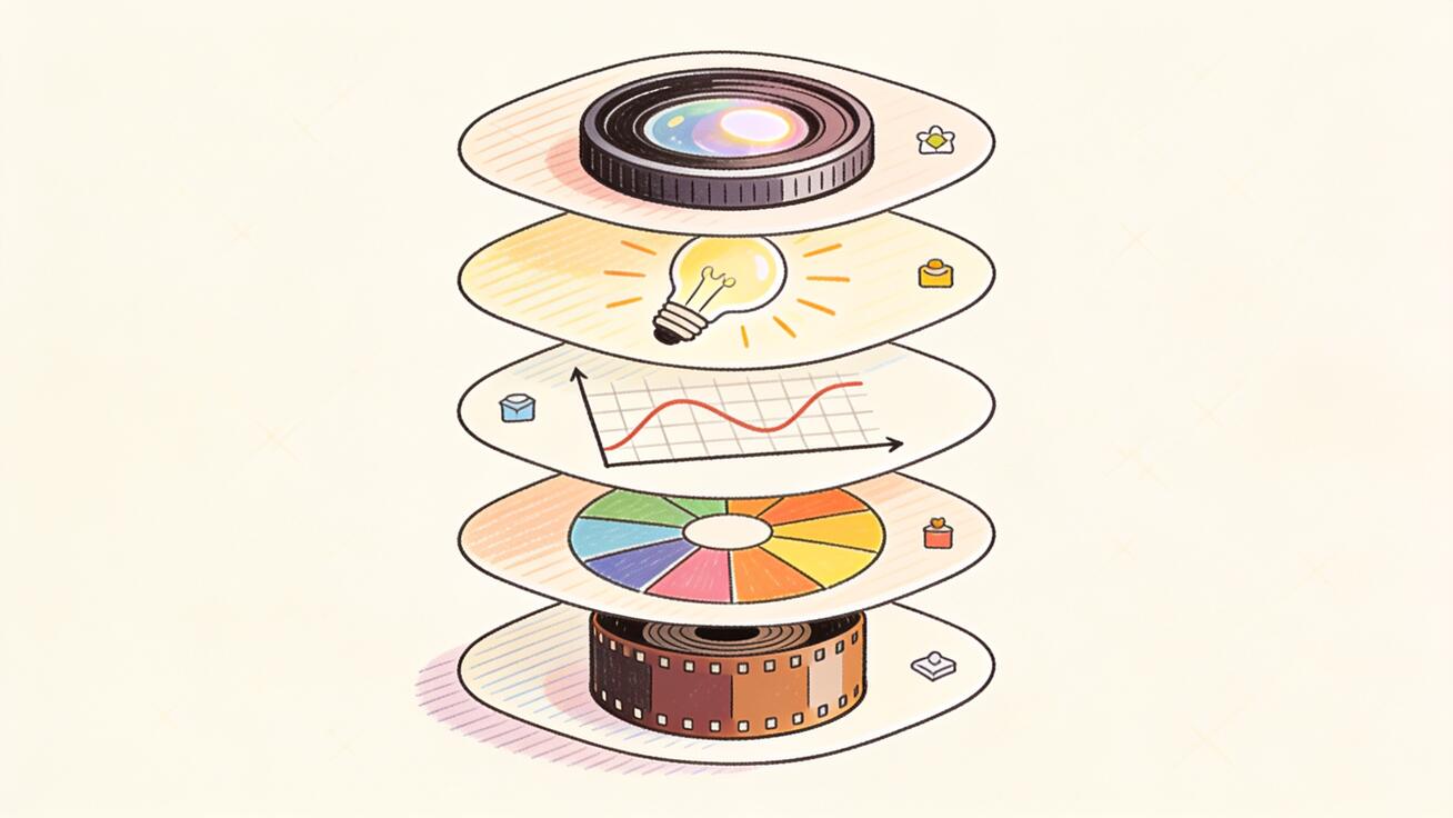 The five layers of a Veo 3 film look: stock, color grade, contrast, lighting, and lens optics