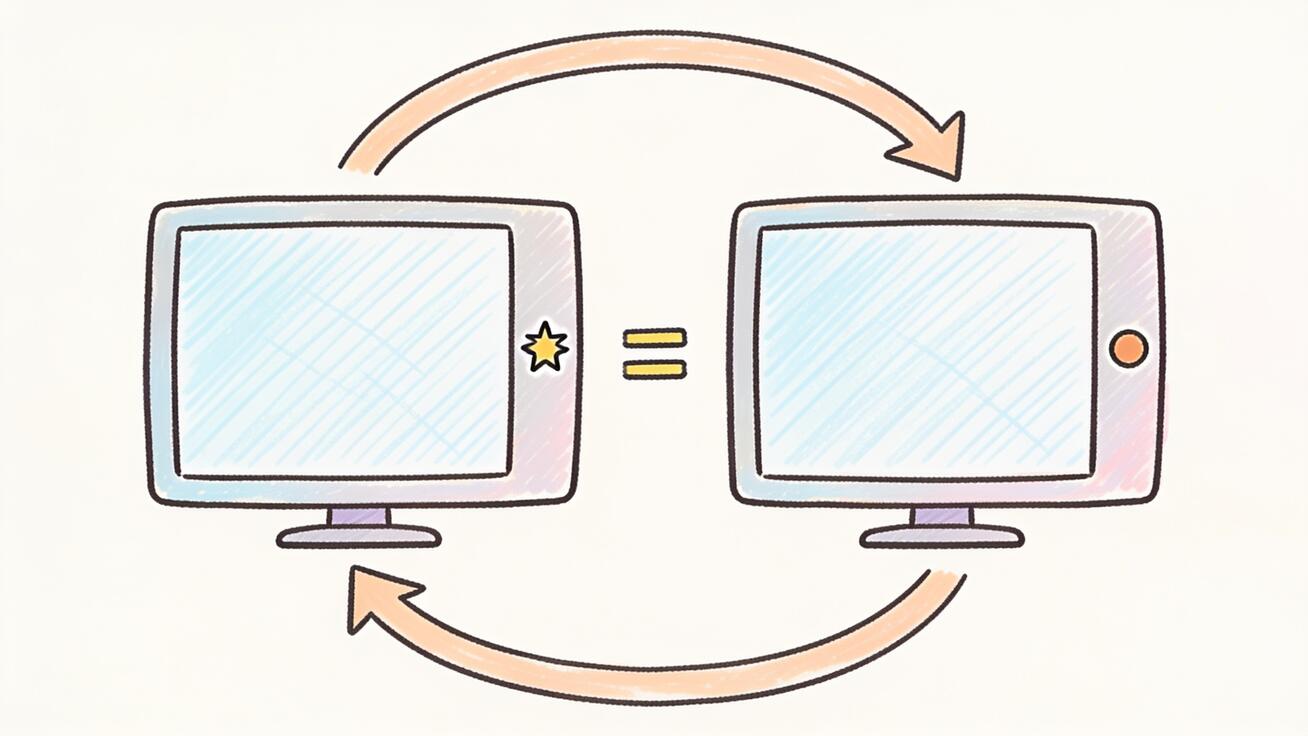 Eine Doodle-Infografik, die den Workflow „erstes Bild gleich letztes Bild“ zeigt: zwei identische Bilder, verbunden durch einen kreisförmigen Pfeil