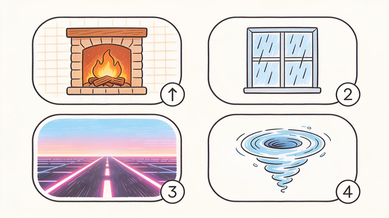 Ein Doodle-Raster loop-freundlicher Szenen — Kaminfeuer, Regenfenster, Synthwave-Straße, Flüssigkeitswirbel — jeweils mit einem kleinen Schleifenpfeil markiert
