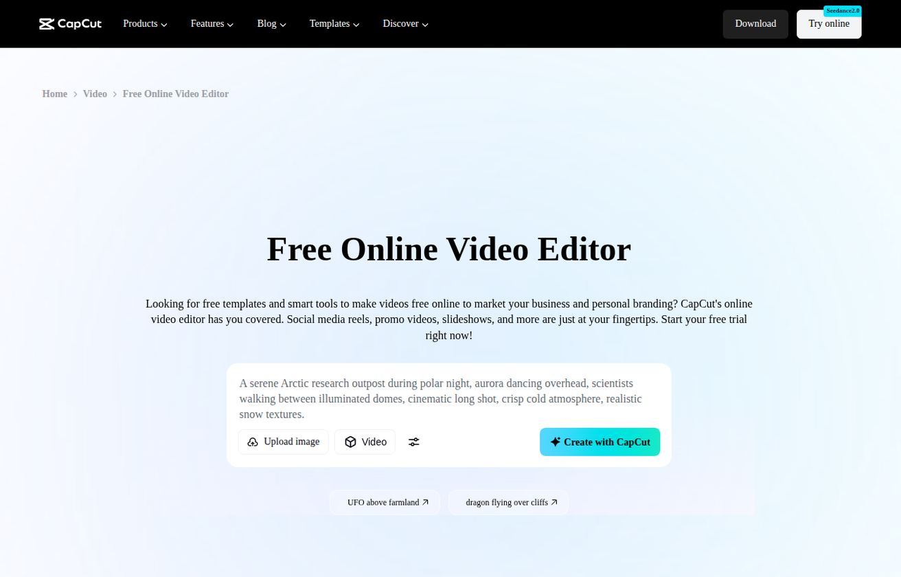 CapCut's public page markets itself as a "Free Online Video Editor" with templates and smart tools — an editor-first positioning