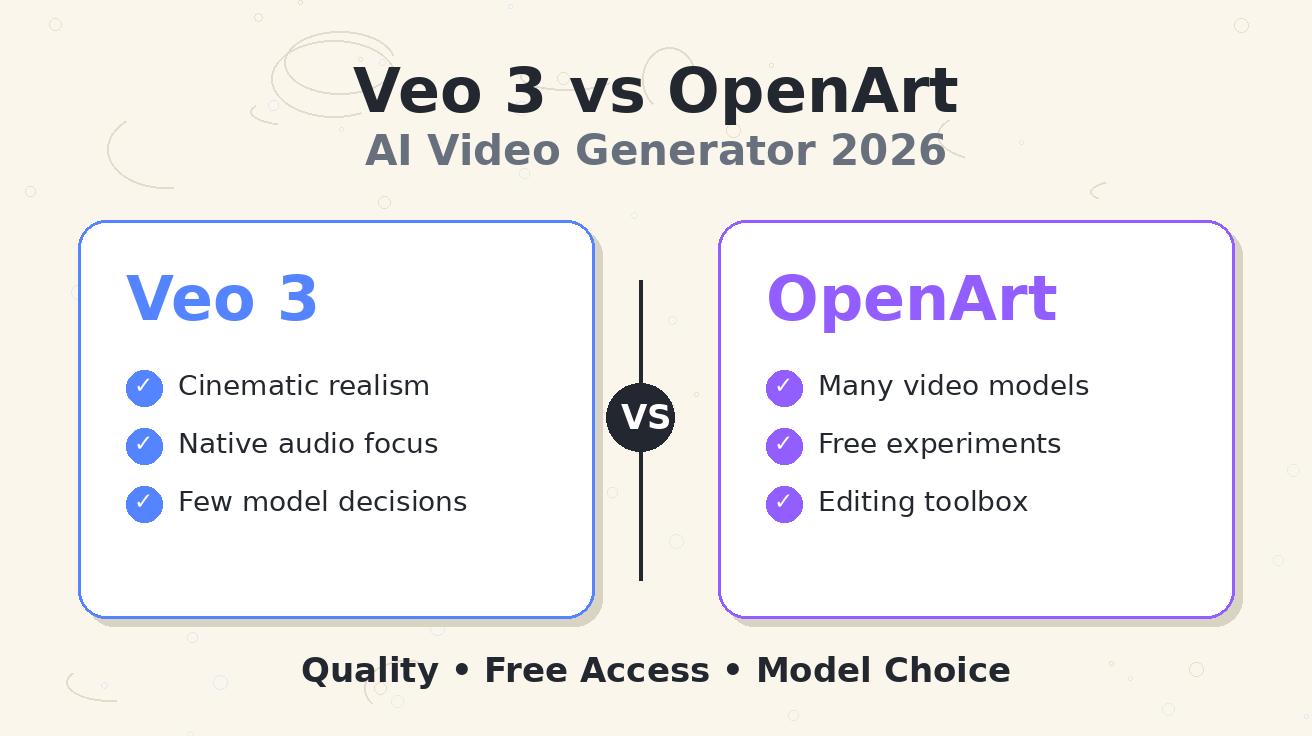 Veo 3 vs OpenArt AI Video Generator 2026: Quality, Free Access, and Model Choice