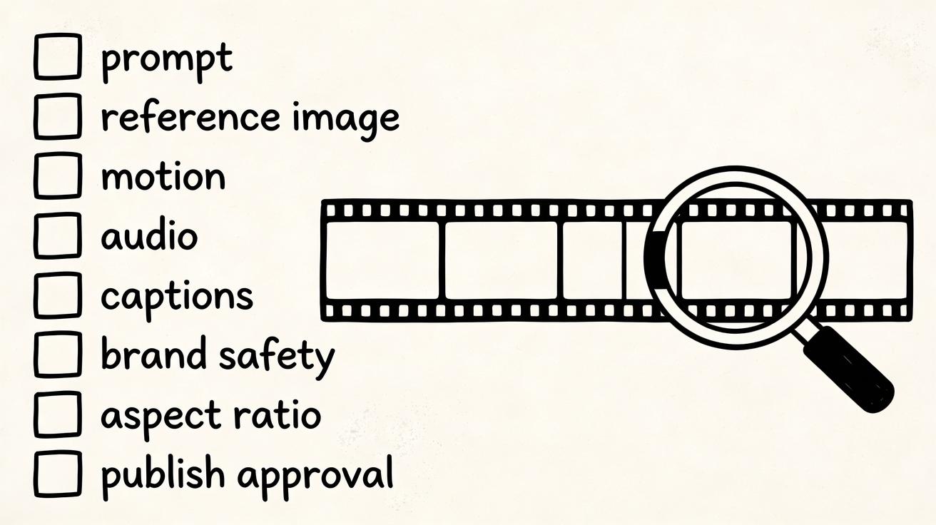 Veo automation QA checklist for prompt, reference image, motion, audio, captions, brand safety, and approval