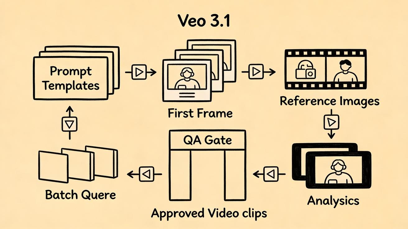 Repeatable Veo 3.1 workflow with prompts, reference frames, batch queue, QA, and analytics loop