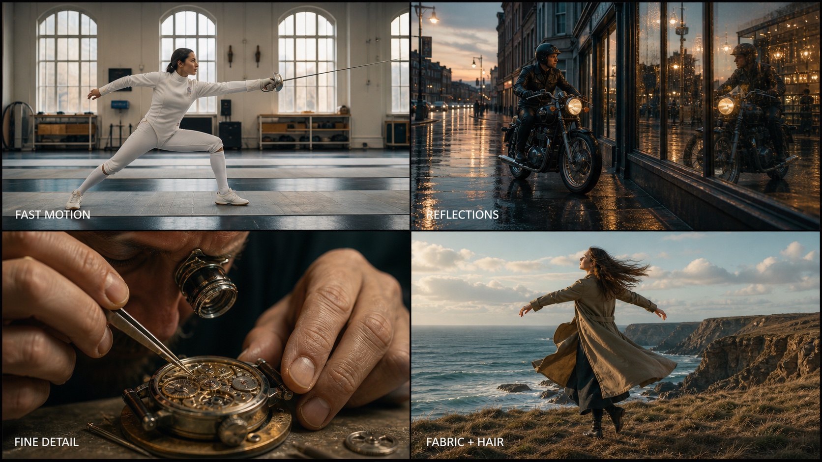 Four difficult finished-shot tests covering fast motion, reflections, fine hand detail, and moving fabric