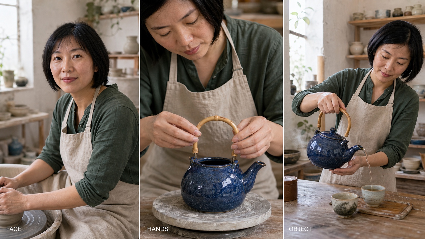A ceramic artist and the same blue teapot shown across face, hand-detail, and object shots