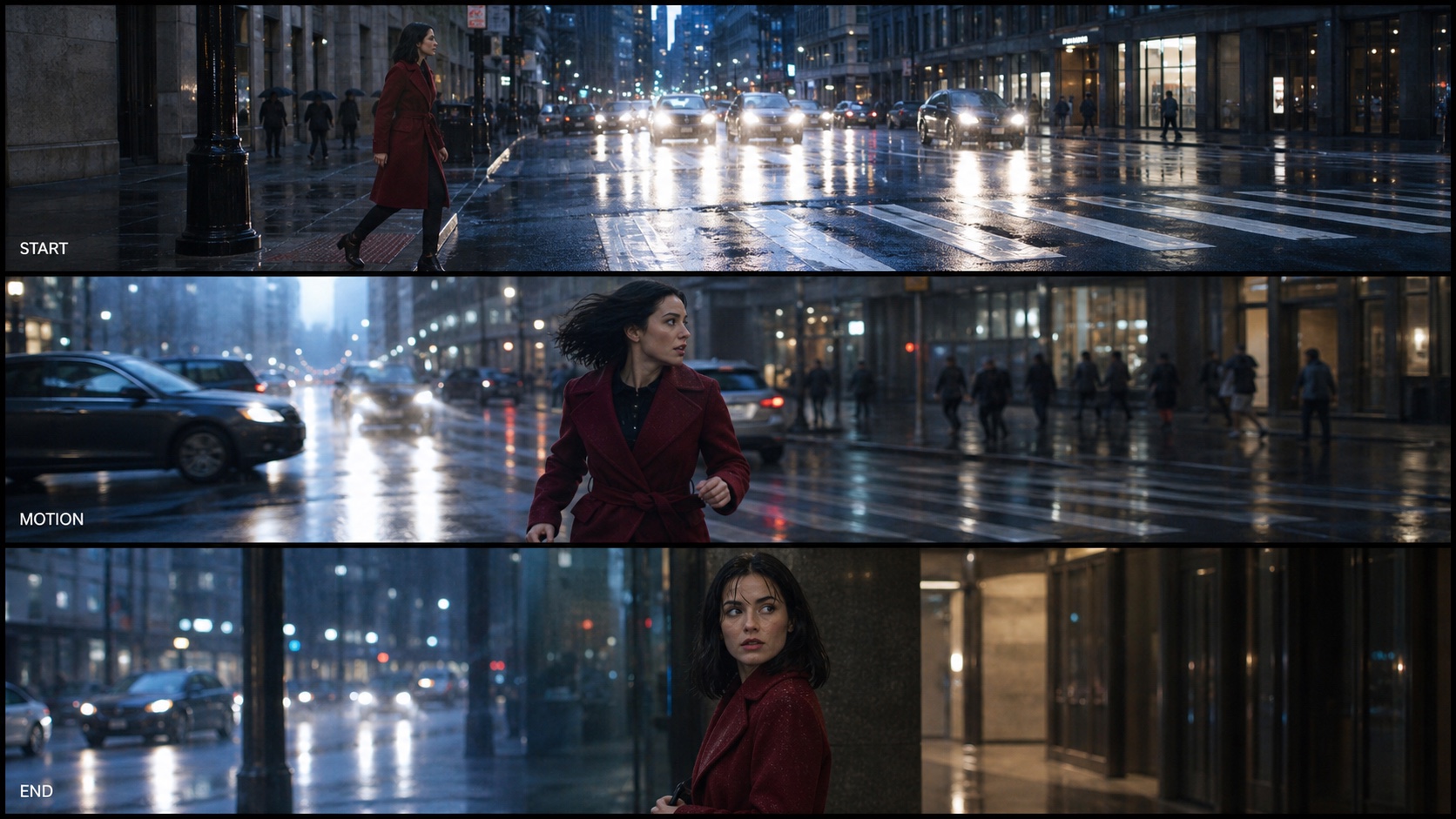 Three finished frames from the same rainy-city motion brief: start, motion, and end