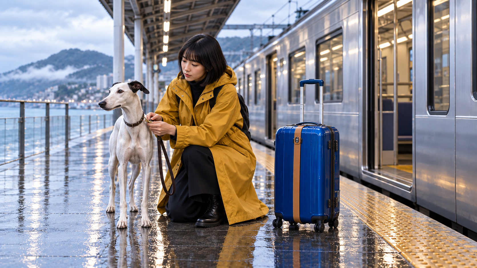 The same woman clips the same greyhound's leash beside the cobalt suitcase