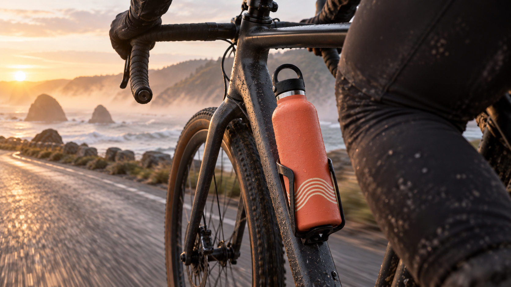 The same coral bottle remains recognizable on a moving gravel bicycle
