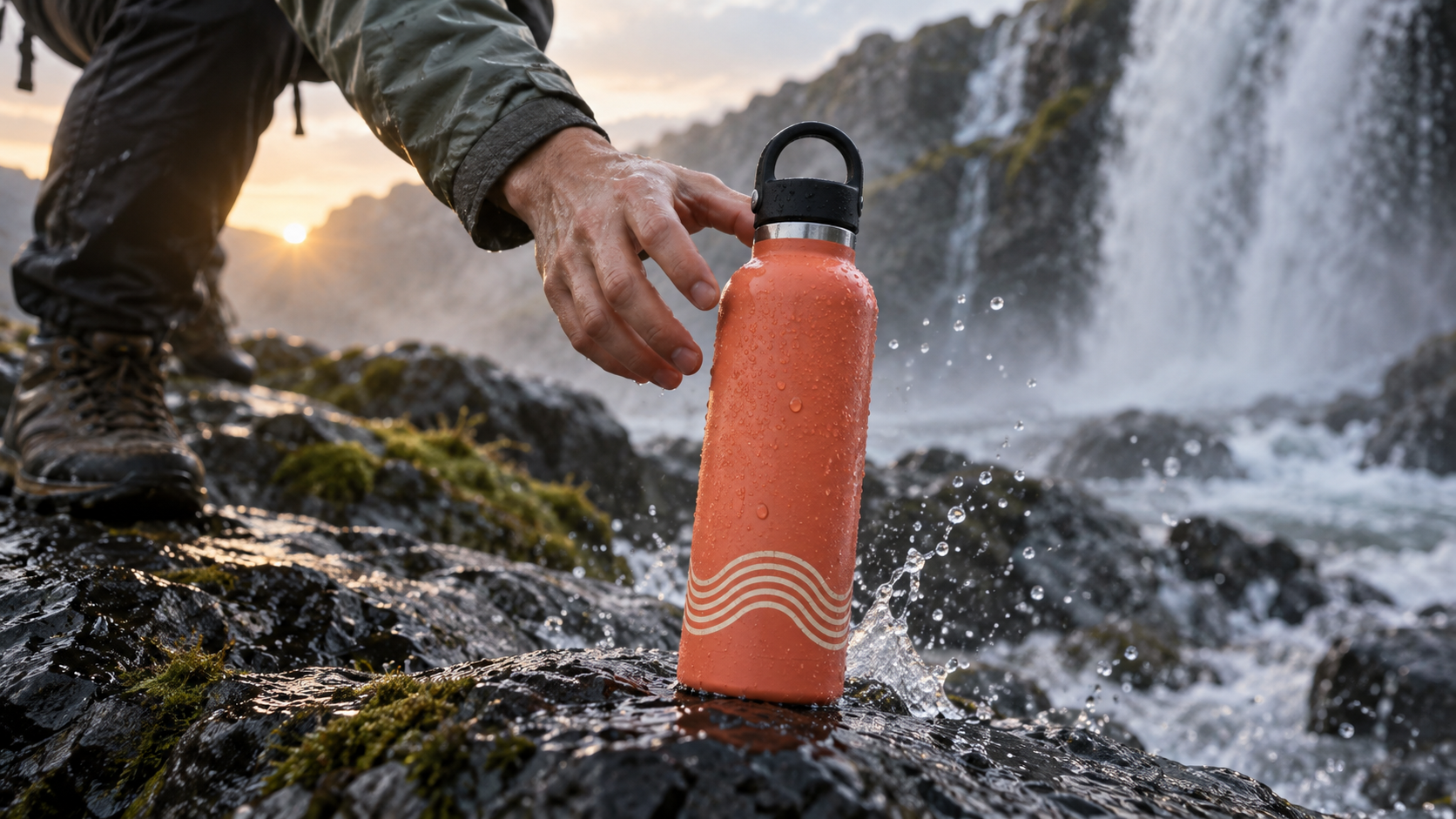 A hand reaches for a coral insulated bottle beside a waterfall