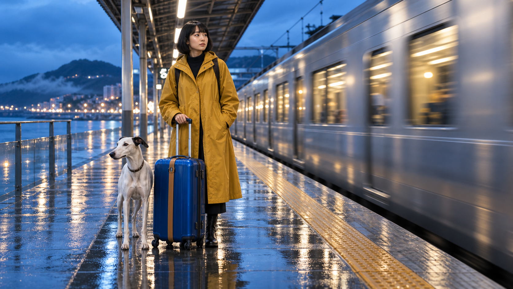 A woman in a mustard raincoat waits with a white greyhound and cobalt suitcase beside a moving train