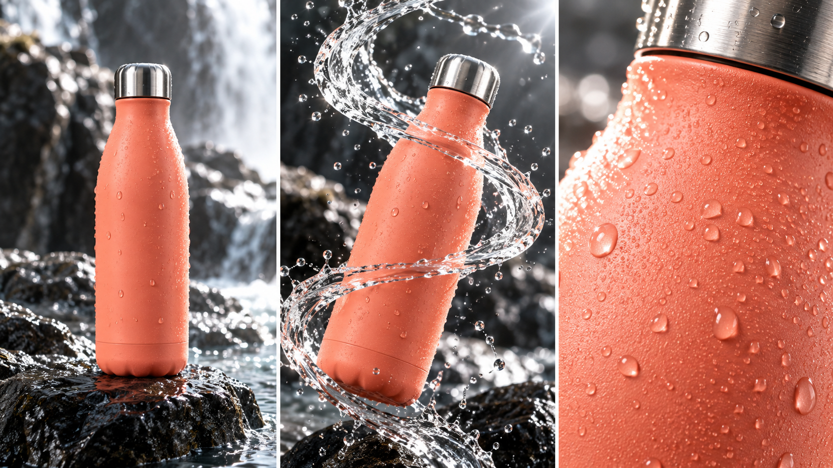 Una botella de color coral mantiene consistencia geométrica a lo largo de tres fotogramas de revelado del producto