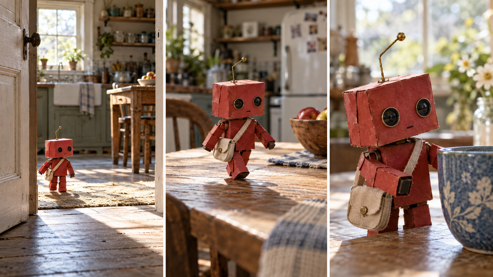 Tres fotogramas finalizados conservan un robot de papel y una cocina a través de composiciones cambiantes