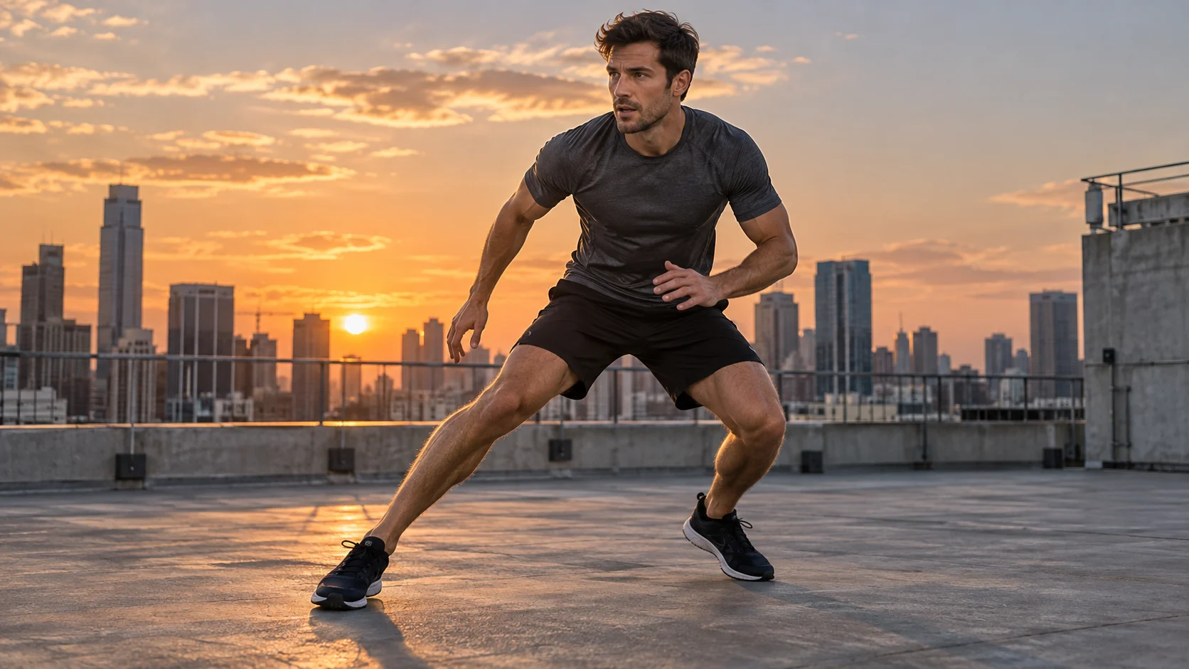 Um atleta com sapatos visíveis e contato crível com o chão