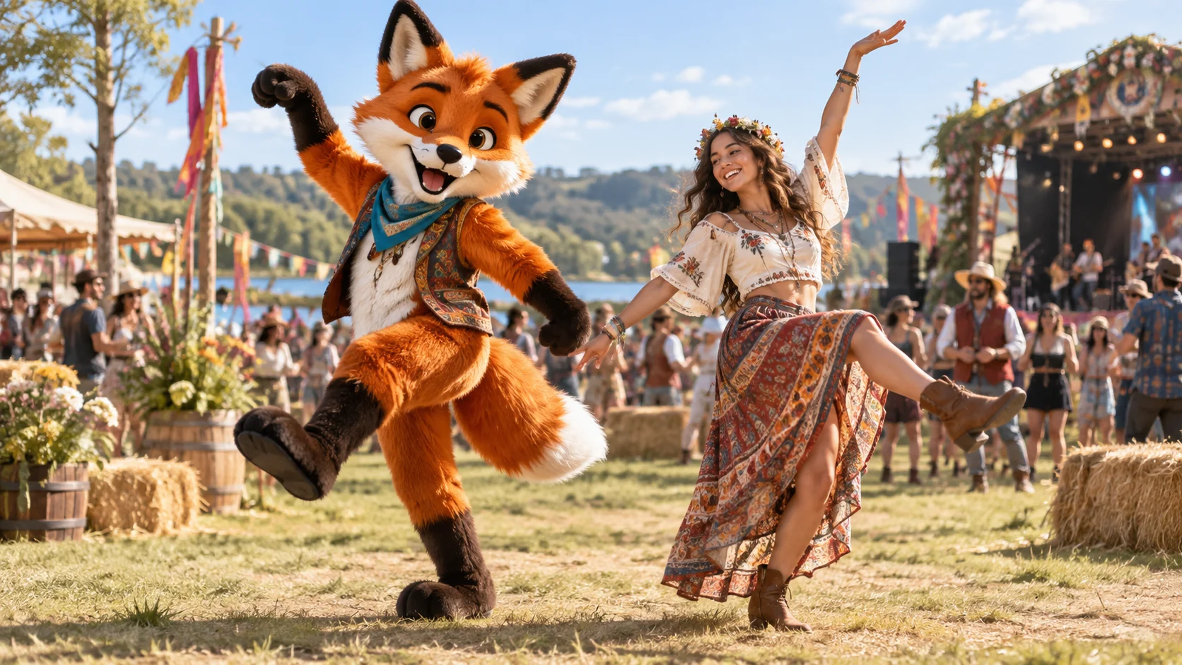 Um mascote e um intérprete em uma pose de transferência de movimento legível