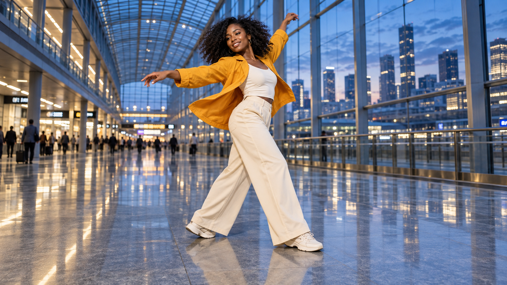 Um quadro vibrante de uma apresentação de dança em um saguão de transporte de vidro, com espaço claro para movimento