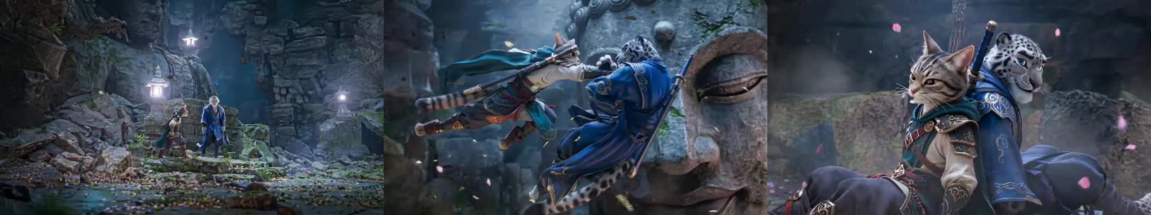 Three frames from the official Wan 3.0 action sample showing a wide ruins shot, a close combat beat, and a final character frame