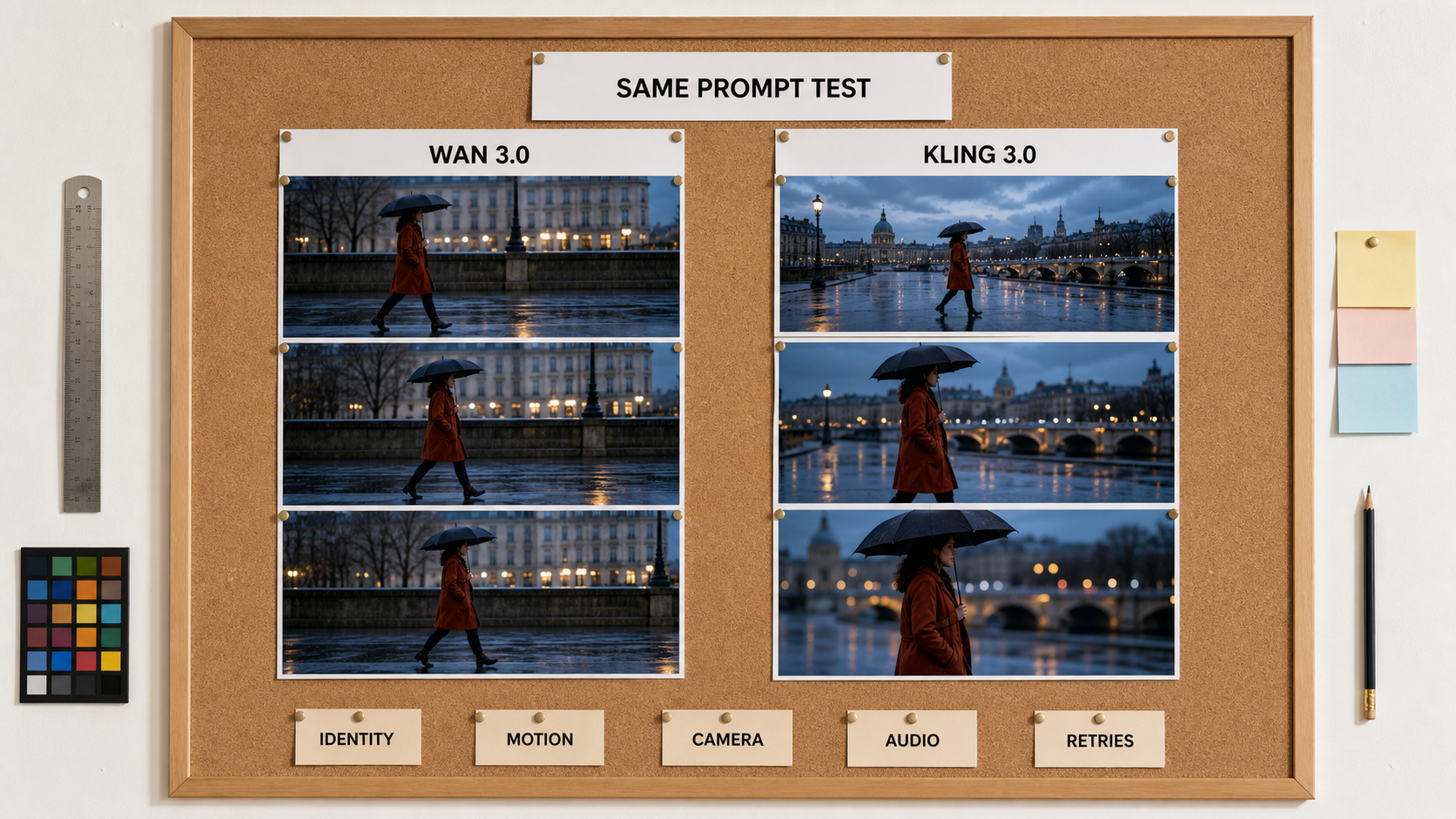 A practical review board comparing Wan 3.0 and Kling 3.0 with the same rainy-city prompt and five fixed scoring categories