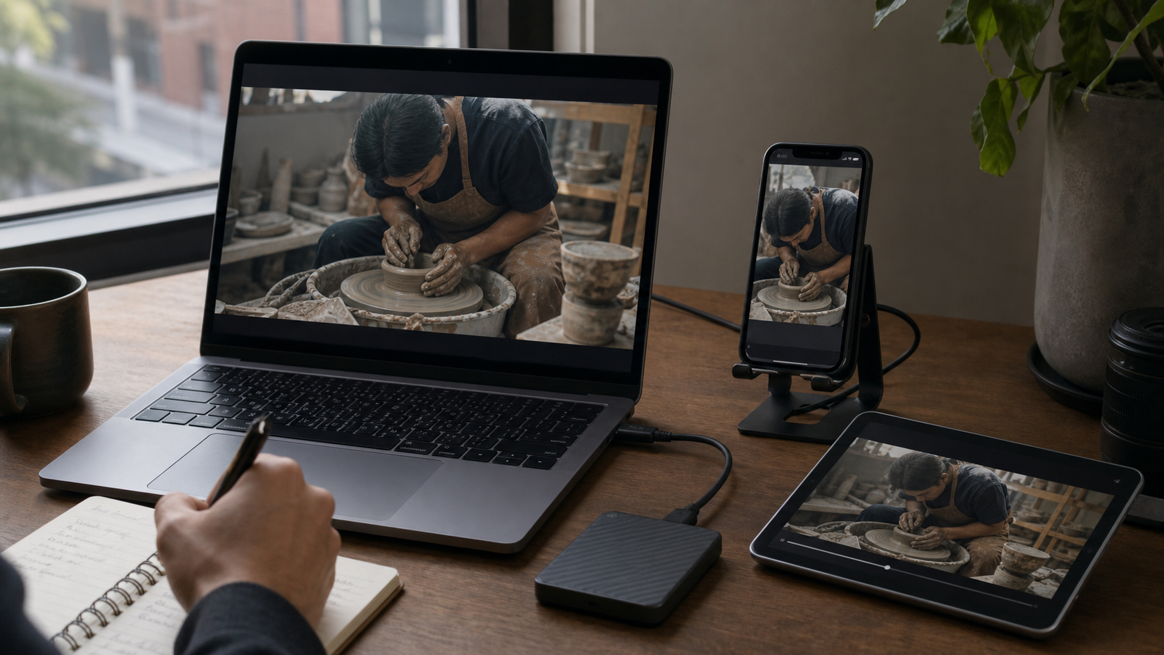 同一のセラミック動画フレームをデスクトップ、タブレット、モバイル端末でレビューした様子