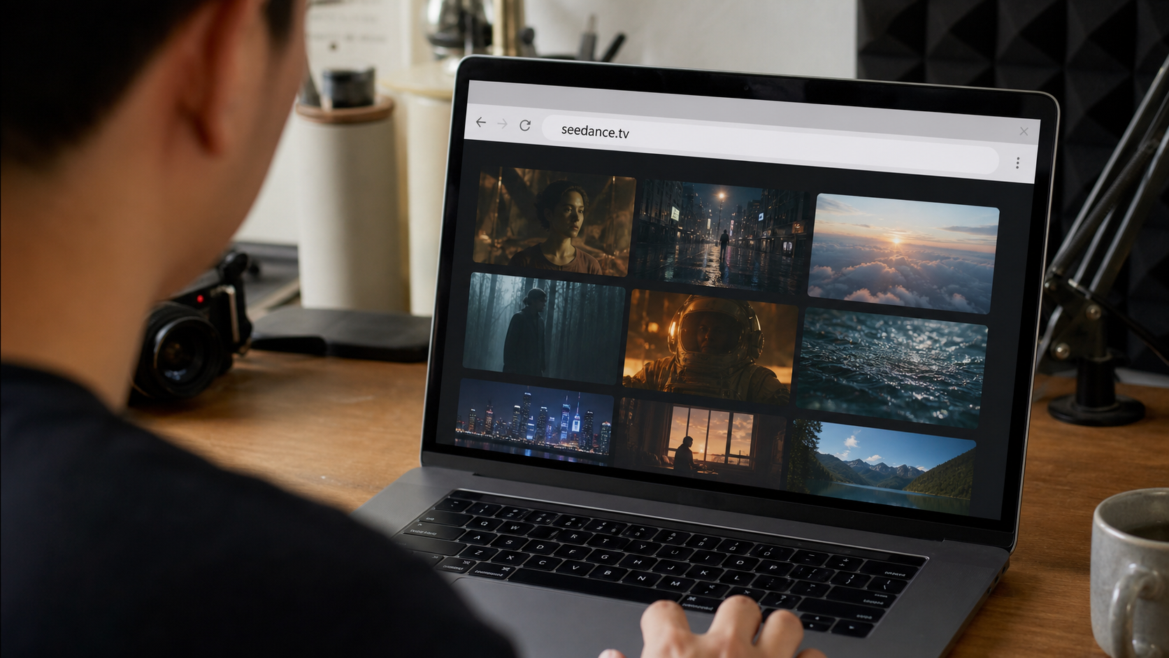 クリエイターがメディアをアップロードする前に、ブラウザで seedance.tv のドメインを確認している様子