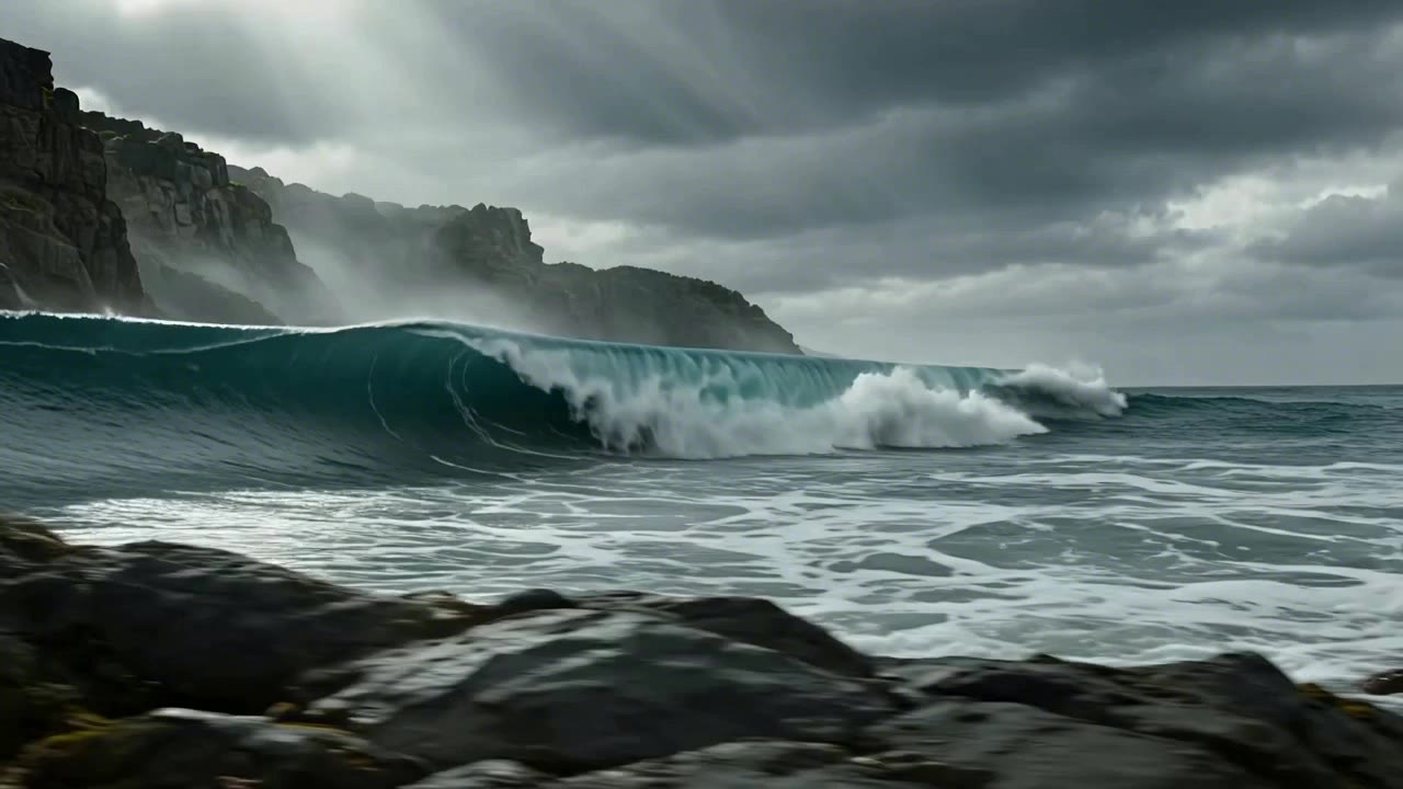 A coastal wave scene used to review natural motion and synchronized ambience