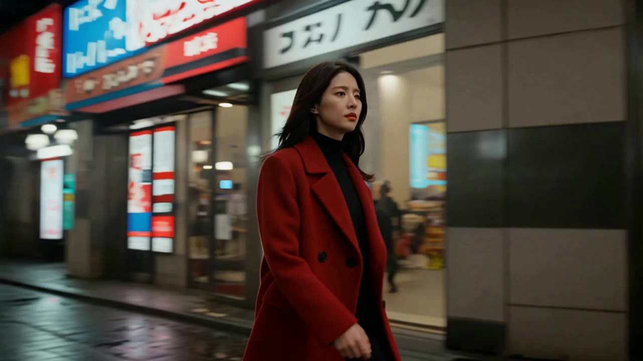 A cinematic woman in a red coat used as a consistent visual reference