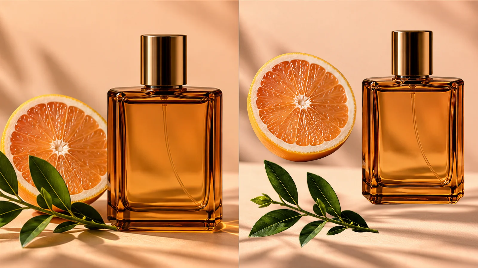 Explodierte Komposition einer keramischen Parfümflasche, grüner Blätter, blauem Papierhintergrund und weichem Schatten, getrennt in vier schwebende parallele Ebenen; elegante Designvisualisierung, ohne Benutzeroberfläche.